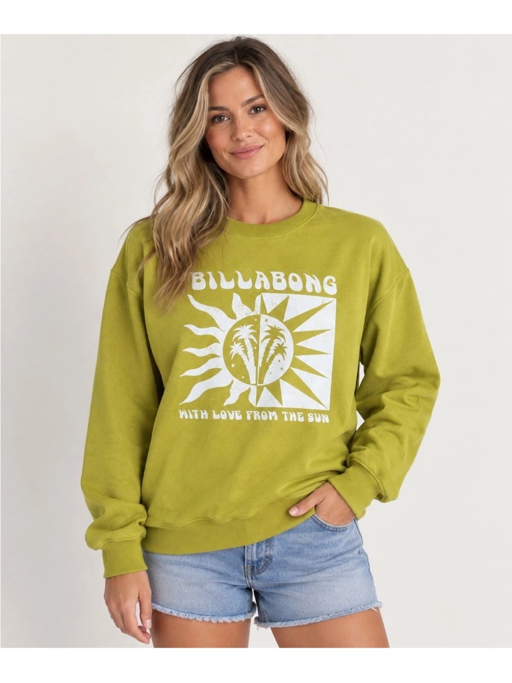 Billabong With Love From The Sun Sweatshirt Women M Green Palm Sun Graphic